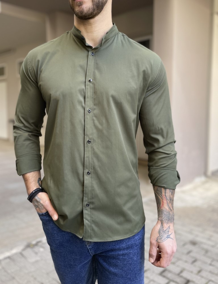 Ben Tailor Ben Tailor ανδρικό χακί πουκάμισο με μάο γιακά 0589Q